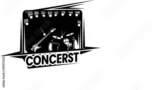 Black and white illustration of a music stage with a guitar and drum set