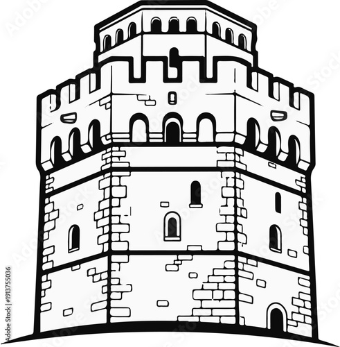 Black and white illustration of a multi-tiered, stone tower with arched windows and crenellations