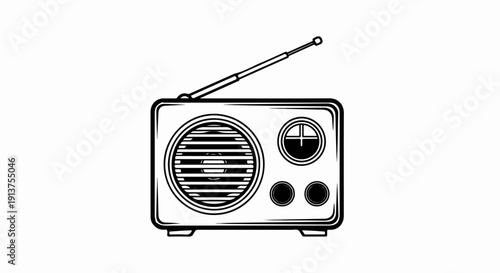 Black and white illustration of a vintage radio with antenna and knobs