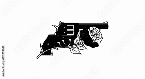 Black and white illustration of a vintage revolver entwined with a blooming rose
