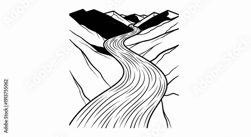 Black and white illustration of a winding river flowing through dramatic mountain peaks