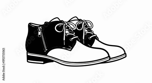 Black and white illustration of a pair of laced ankle boots with a side zipper