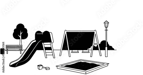 Black and white illustration of a park with a slide, swings, sandbox, tree, and bench