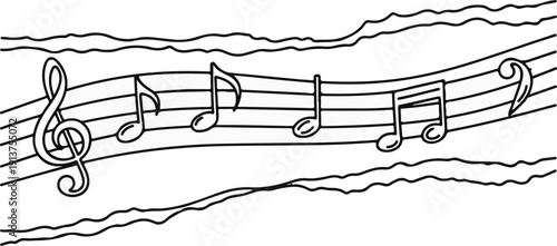 Black and white illustration of a musical staff with notes and treble clef