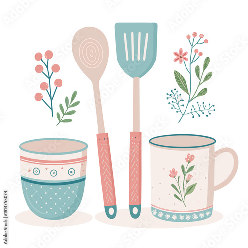 Kitchen utensils and crockery with floral decorations viewed from the front