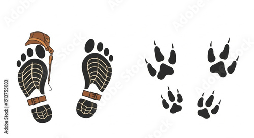 Human Footprints Next to Animal Paw Prints Side by Side.