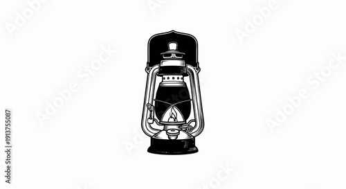 Black and white illustration of a vintage kerosene lantern with flame