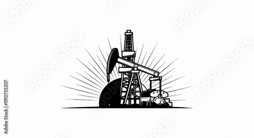 Black and white illustration of an oil pump jack at sunrise