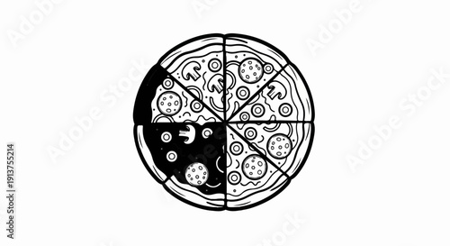 Black and white illustration of a pizza divided into slices with various toppings