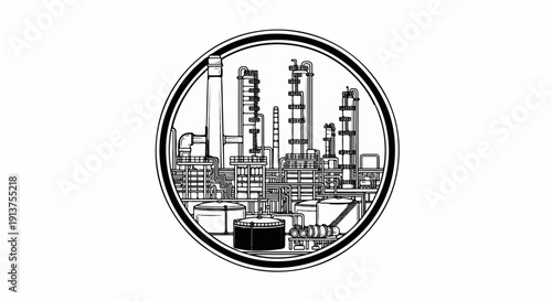 Black and white illustration of an industrial refinery within a circular frame