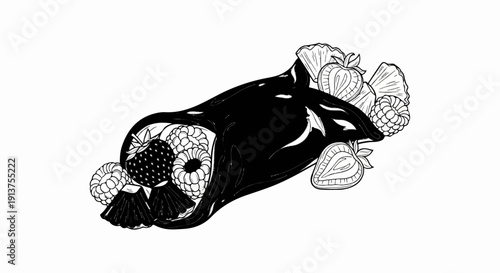 Black and white illustration of a cone filled with berries and strawberry slices