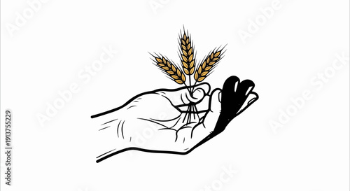 Black and white illustration of an open hand holding three golden wheat stalks