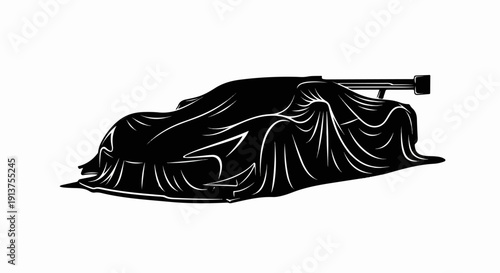 Black and white illustration of a race car covered by a draped cloth
