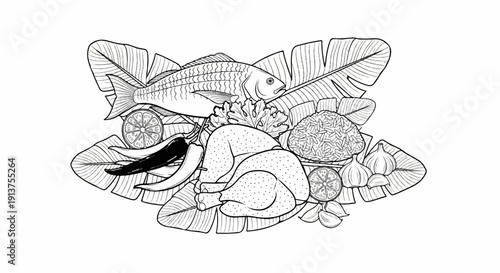 Black and white illustration of a roasted chicken, fish, rice, peppers, limes, garlic, and leaves
