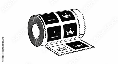 Black and white illustration of a roll of perforated stamps featuring crowns