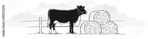 Black and white illustration of a cow by hay bales under a cloudy sky