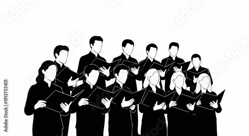 Black and white outline of a choir singing from sheet music