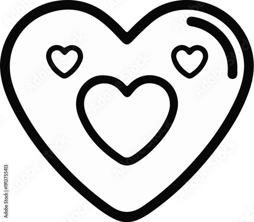 Black and white outline of a heart with three smaller hearts inside