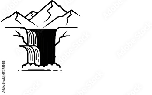 Black and white illustration of mountains with a cascading waterfall