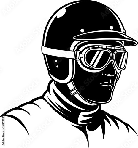 Vintage Race Car Driver in Helmet and Goggles Racing