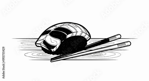 Black and white illustration of a single sushi roll with chopsticks resting on a wooden surface