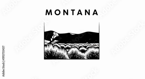 Black and white illustration of Montana landscape with mountains and sparse vegetation