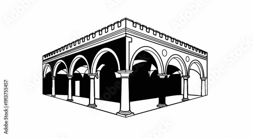 Black and white perspective drawing of a building with arches and columns