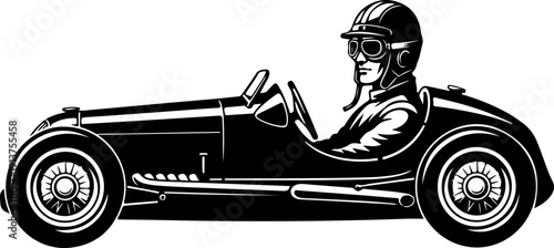 Vintage Race Car Driver in Helmet and Goggles Racing