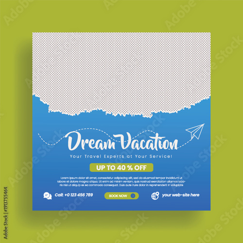 travel agency social media post vector template for vacation sale, flight booking offers, summer holiday tour package promotion, and beach holiday discount deals