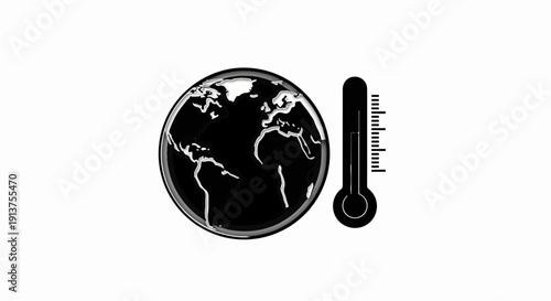 Black and white illustration of planet Earth and a thermometer