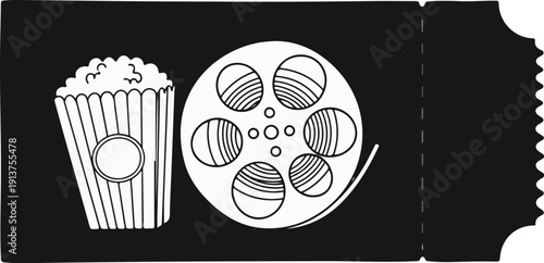 Black and white illustration of popcorn, film reel, and ticket