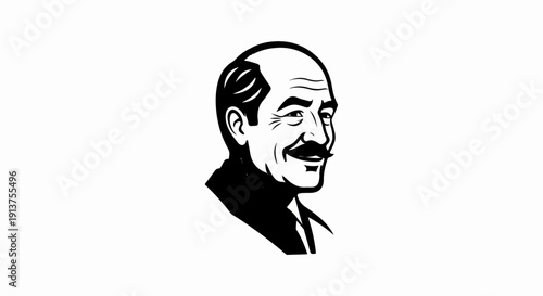 Black and white portrait of a smiling, balding man with a mustache