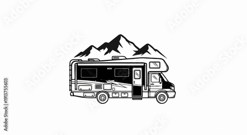 Black and white line drawing of a recreational vehicle with mountains in the background