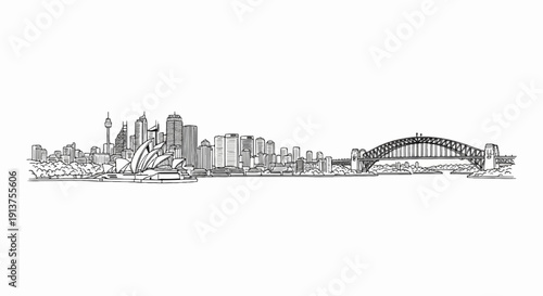 Black and white sketch of a city skyline with iconic buildings and a large bridge