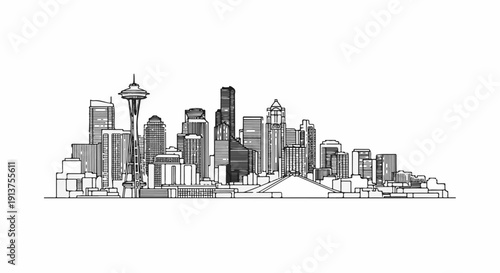 Black and white sketch of a city skyline with many tall buildings
