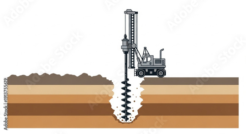 Heavy duty drilling machine boring into layered earth cross section.