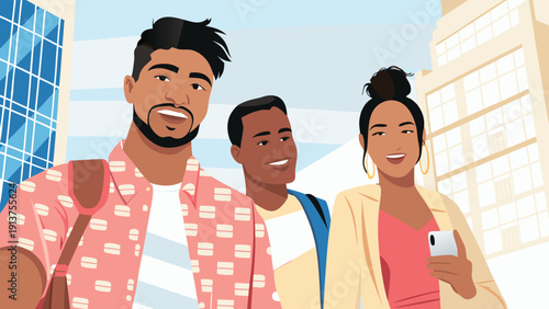 Diverse group of young adults enjoying relaxed city lifestyle together outdoors