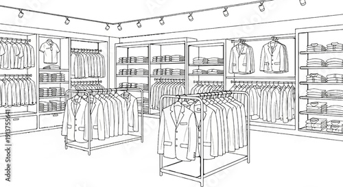 Black and white sketch of a clothing store interior displaying men's suits and folded shirts on shelves