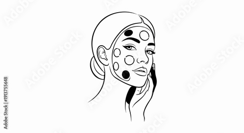 Black and white line drawing of a woman's face with polka dots