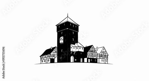 Black and white sketch of a fortified tower with half-timbered houses