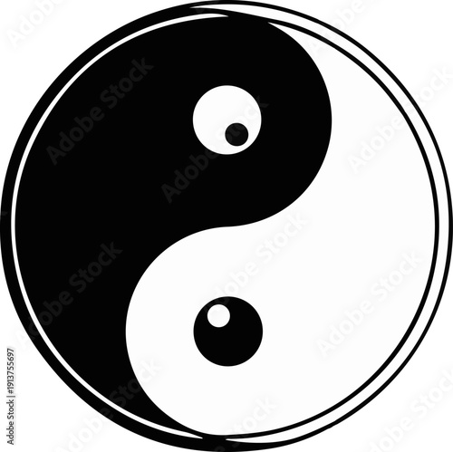 Black and white yin-yang symbol with two dots, representing balance and duality