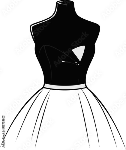 Black bodice strapless gown with a full, flowing white skirt