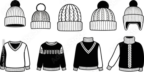 Black and white line drawings of knitted winter hats and sweaters