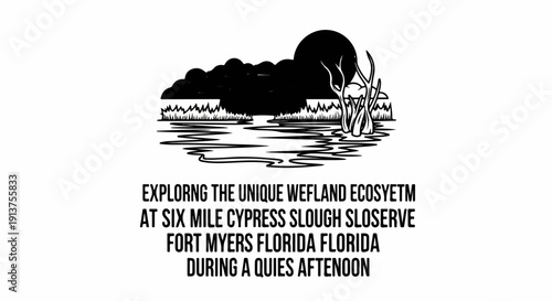Black and white sketch of a swampy wetland scene under a large moon