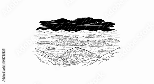 Black and white sketch of a stormy seascape with rocky islands and heavy rain