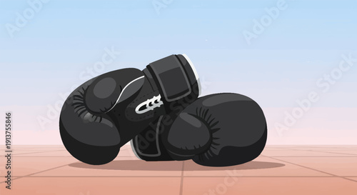 Black boxing gloves resting on a tiled surface against a pastel sky