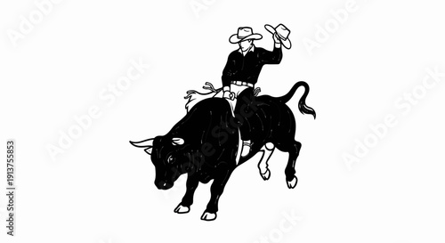 Black bull bucking, rider in cowboy hat holding another hat