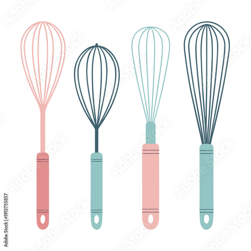 Collection of colorful whisks for mixing ingredients in a kitchen setting, viewed from the front
