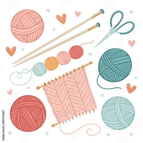 Knitting scene with yarn balls, knitting needles, and half-finished fabric, surrounded by hearts, scissors, and threads, viewed from directly above