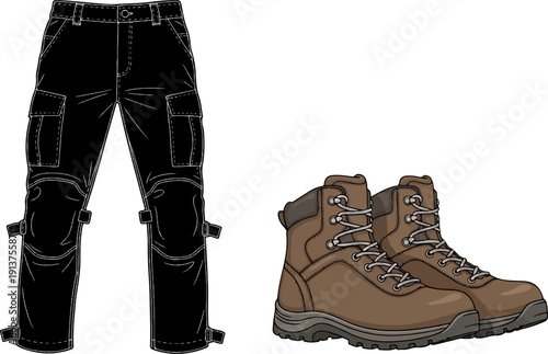 Black cargo pants with reinforced knees and brown work boots